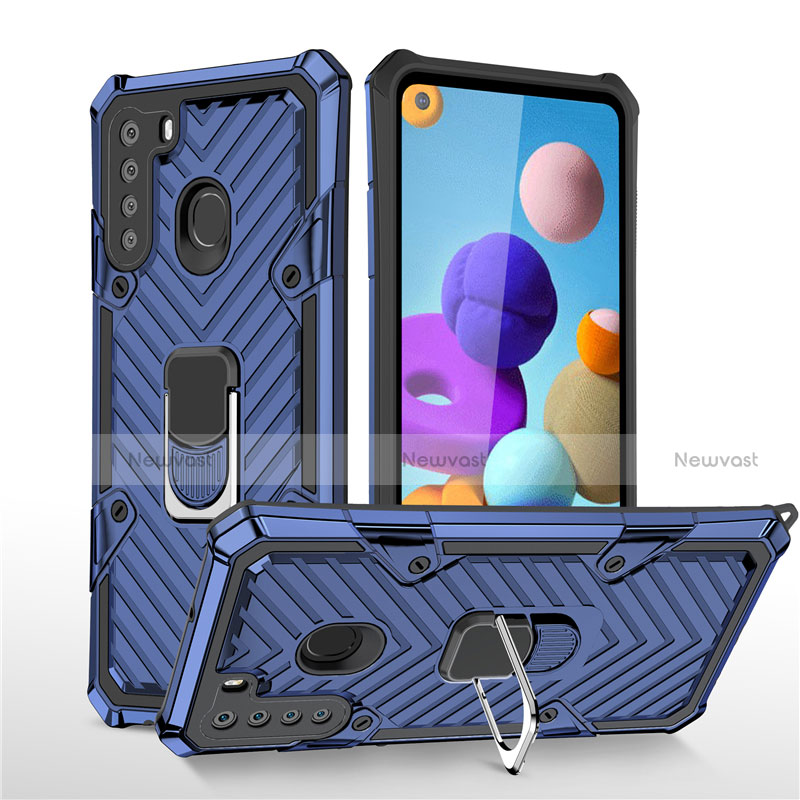 Silicone Matte Finish and Plastic Back Cover Case with Magnetic Finger Ring Stand S02 for Samsung Galaxy A21