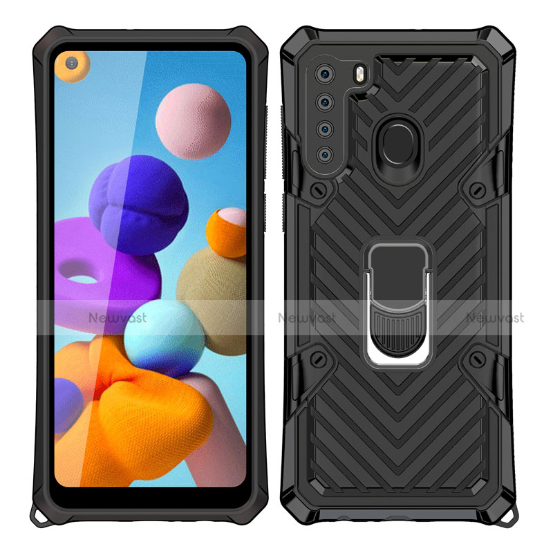 Silicone Matte Finish and Plastic Back Cover Case with Magnetic Finger Ring Stand S02 for Samsung Galaxy A21 Black