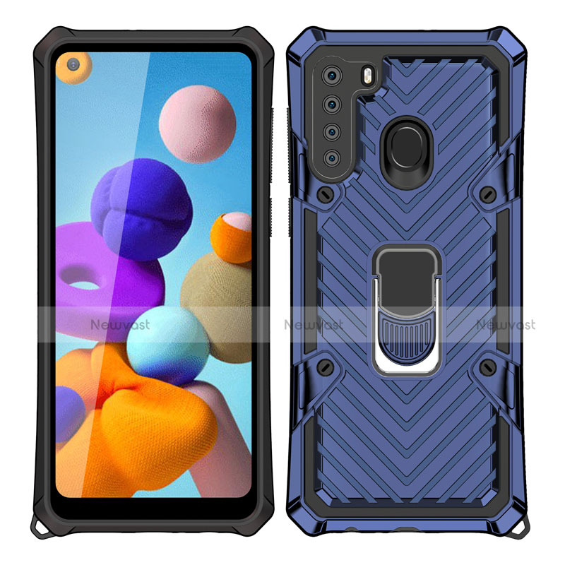 Silicone Matte Finish and Plastic Back Cover Case with Magnetic Finger Ring Stand S02 for Samsung Galaxy A21 Blue
