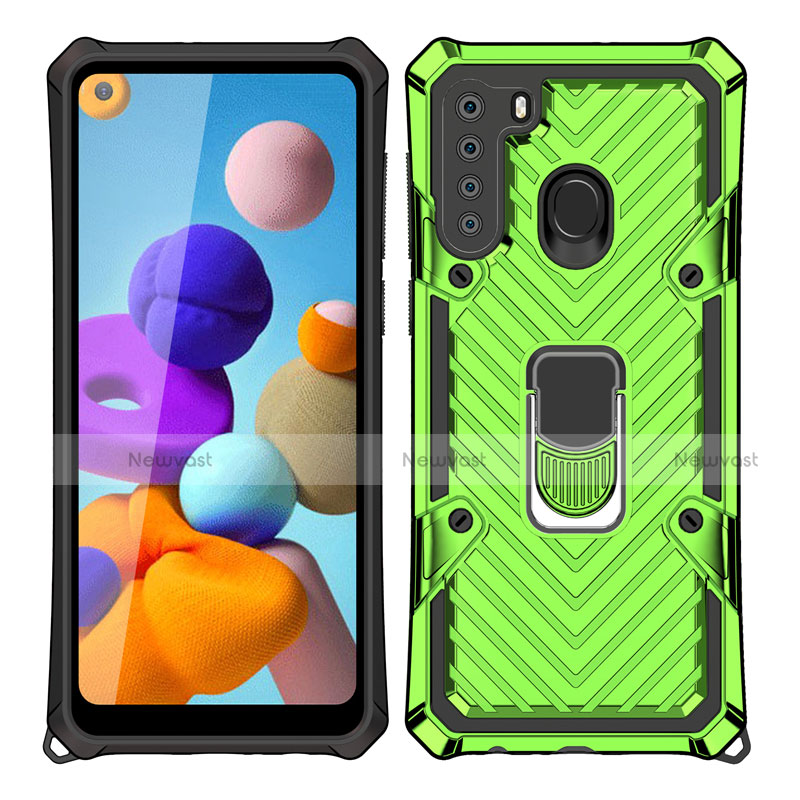 Silicone Matte Finish and Plastic Back Cover Case with Magnetic Finger Ring Stand S02 for Samsung Galaxy A21 Matcha Green