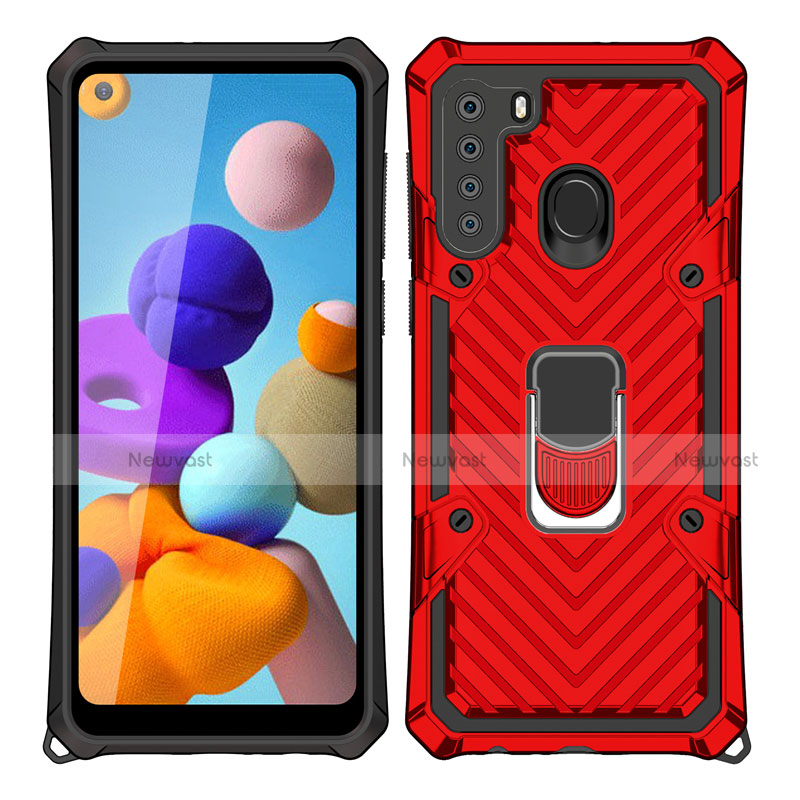 Silicone Matte Finish and Plastic Back Cover Case with Magnetic Finger Ring Stand S02 for Samsung Galaxy A21 Red