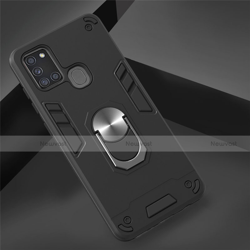 Silicone Matte Finish and Plastic Back Cover Case with Magnetic Finger Ring Stand S02 for Samsung Galaxy A21s Black