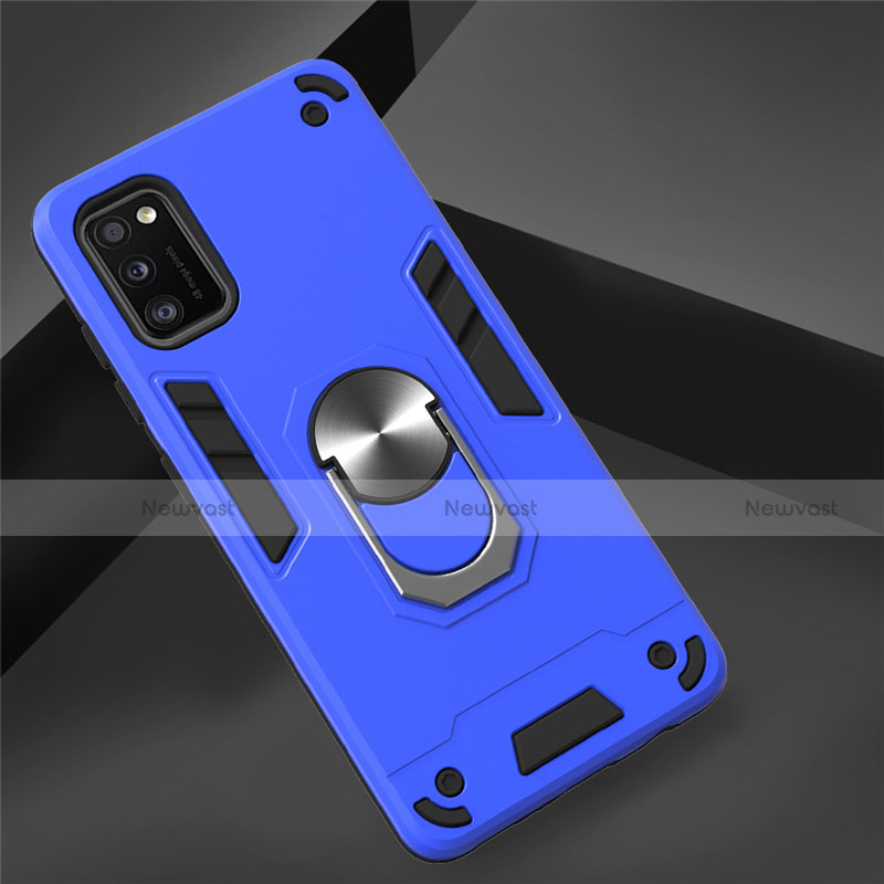 Silicone Matte Finish and Plastic Back Cover Case with Magnetic Finger Ring Stand S02 for Samsung Galaxy A41 Sky Blue