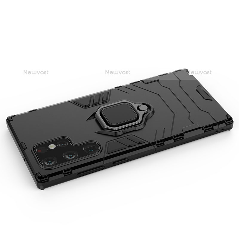 Silicone Matte Finish and Plastic Back Cover Case with Magnetic Finger Ring Stand S02 for Samsung Galaxy S21 Ultra 5G