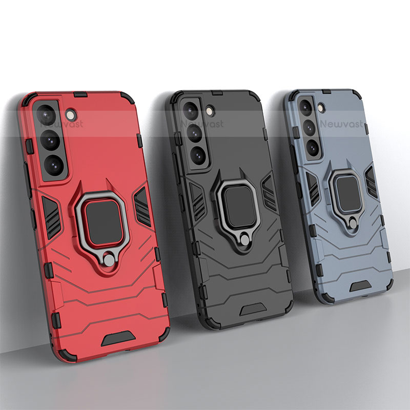 Silicone Matte Finish and Plastic Back Cover Case with Magnetic Finger Ring Stand S02 for Samsung Galaxy S22 5G