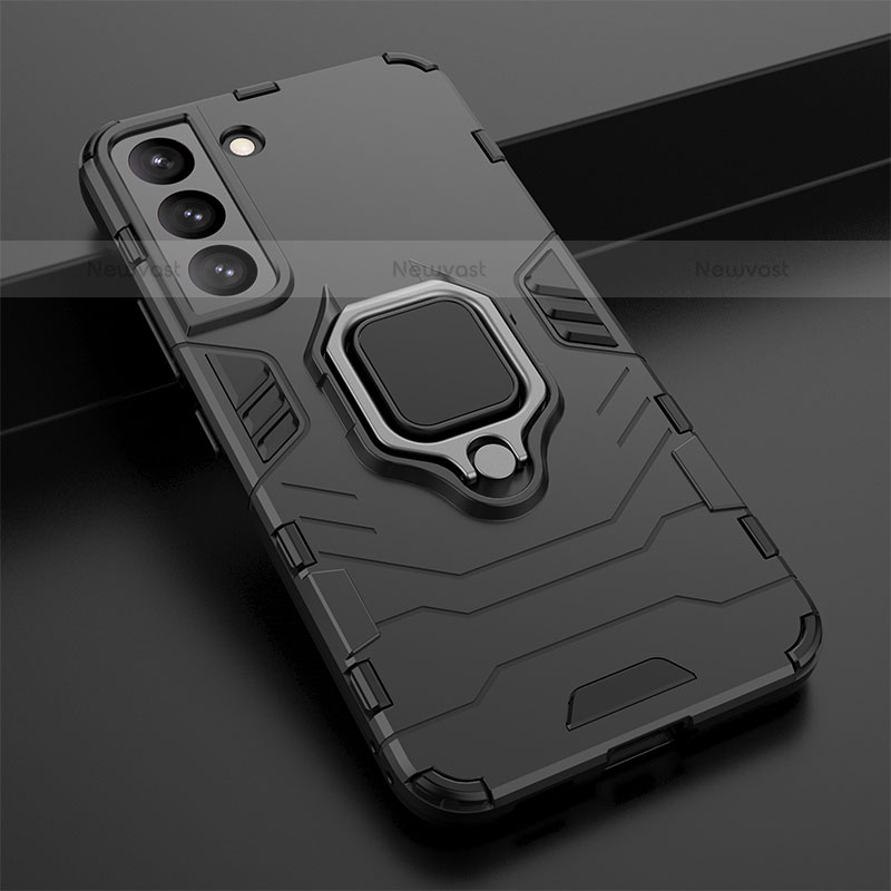 Silicone Matte Finish and Plastic Back Cover Case with Magnetic Finger Ring Stand S02 for Samsung Galaxy S22 5G