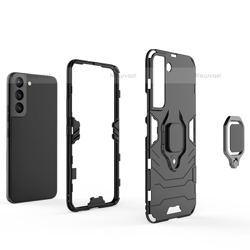 Silicone Matte Finish and Plastic Back Cover Case with Magnetic Finger Ring Stand S02 for Samsung Galaxy S22 5G