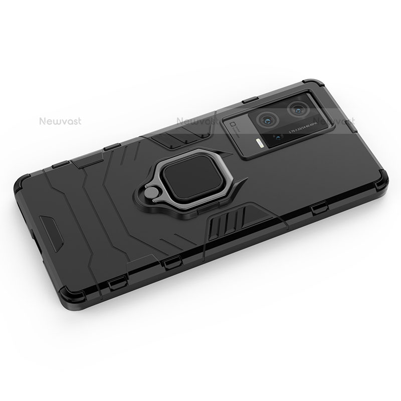 Silicone Matte Finish and Plastic Back Cover Case with Magnetic Finger Ring Stand S02 for Vivo iQOO 8 5G