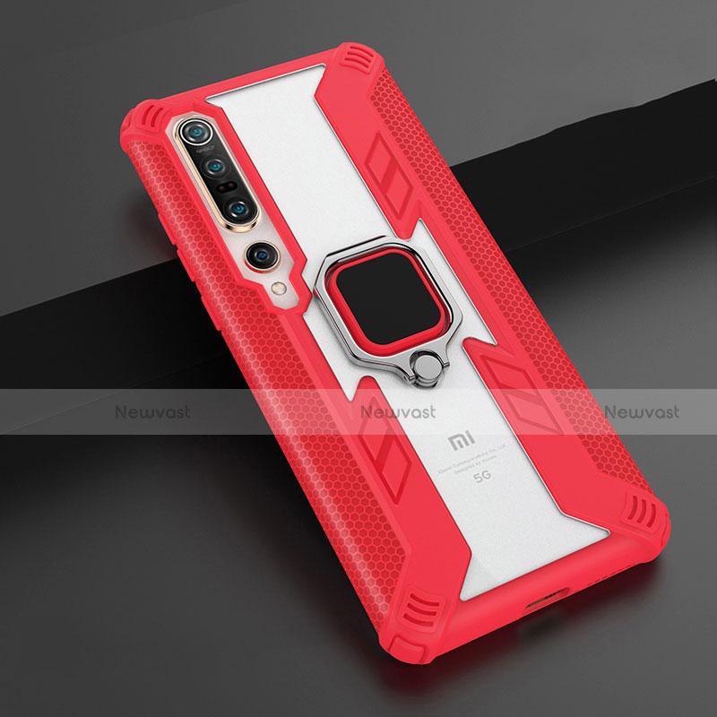 Silicone Matte Finish and Plastic Back Cover Case with Magnetic Finger Ring Stand S02 for Xiaomi Mi 10 Pro Red