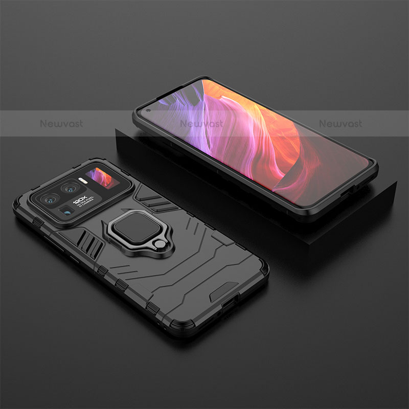 Silicone Matte Finish and Plastic Back Cover Case with Magnetic Finger Ring Stand S02 for Xiaomi Mi 11 Ultra 5G Black