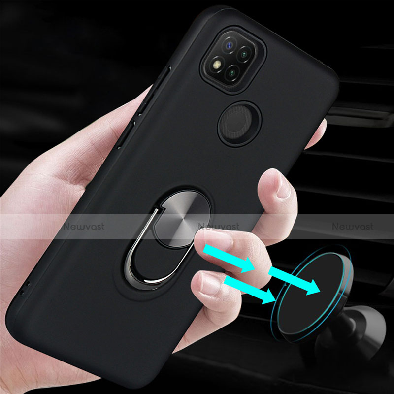 Silicone Matte Finish and Plastic Back Cover Case with Magnetic Finger Ring Stand S02 for Xiaomi Redmi 9C