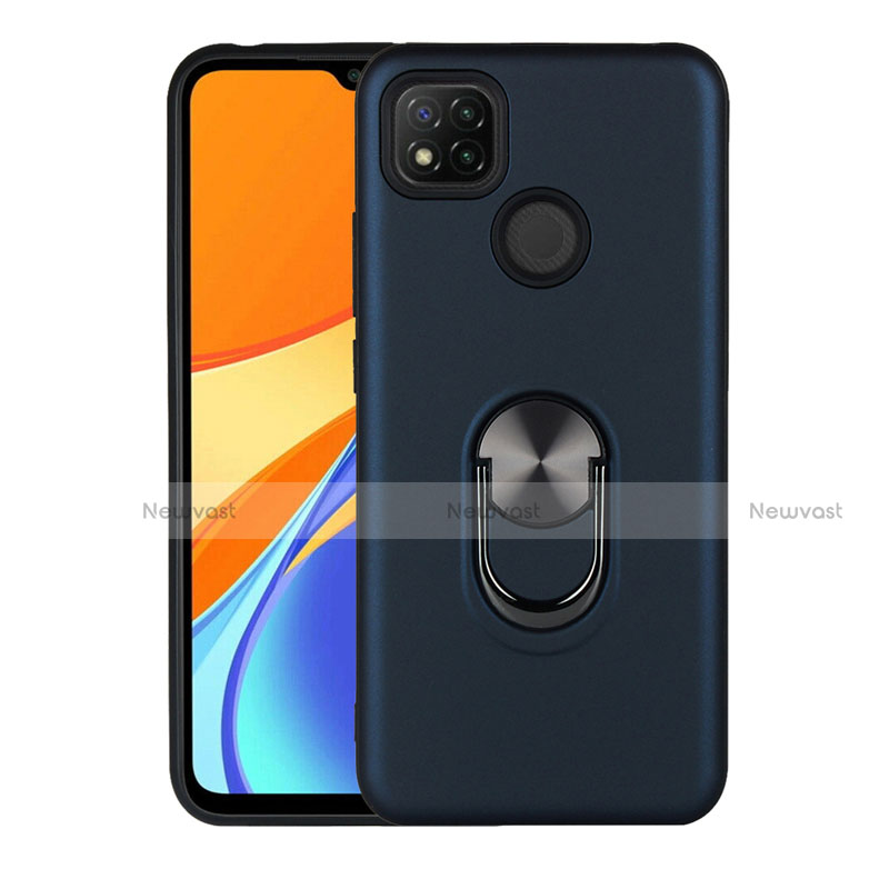 Silicone Matte Finish and Plastic Back Cover Case with Magnetic Finger Ring Stand S02 for Xiaomi Redmi 9C Navy Blue