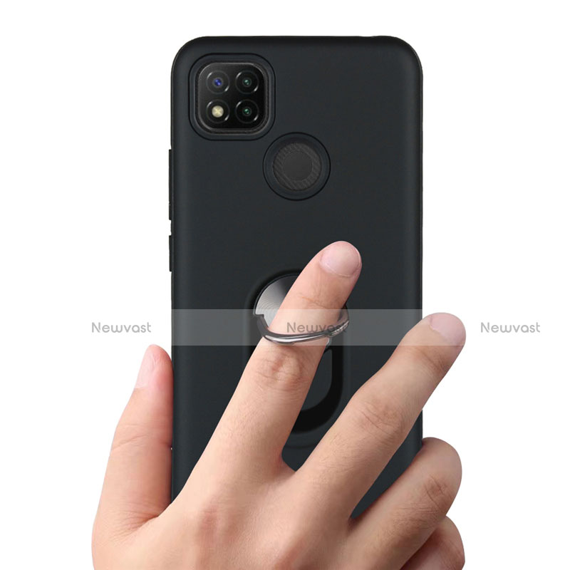 Silicone Matte Finish and Plastic Back Cover Case with Magnetic Finger Ring Stand S02 for Xiaomi Redmi 9C NFC