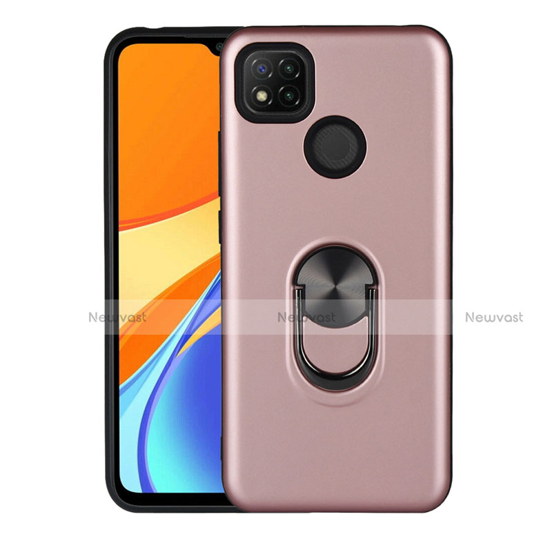 Silicone Matte Finish and Plastic Back Cover Case with Magnetic Finger Ring Stand S02 for Xiaomi Redmi 9C Rose Gold