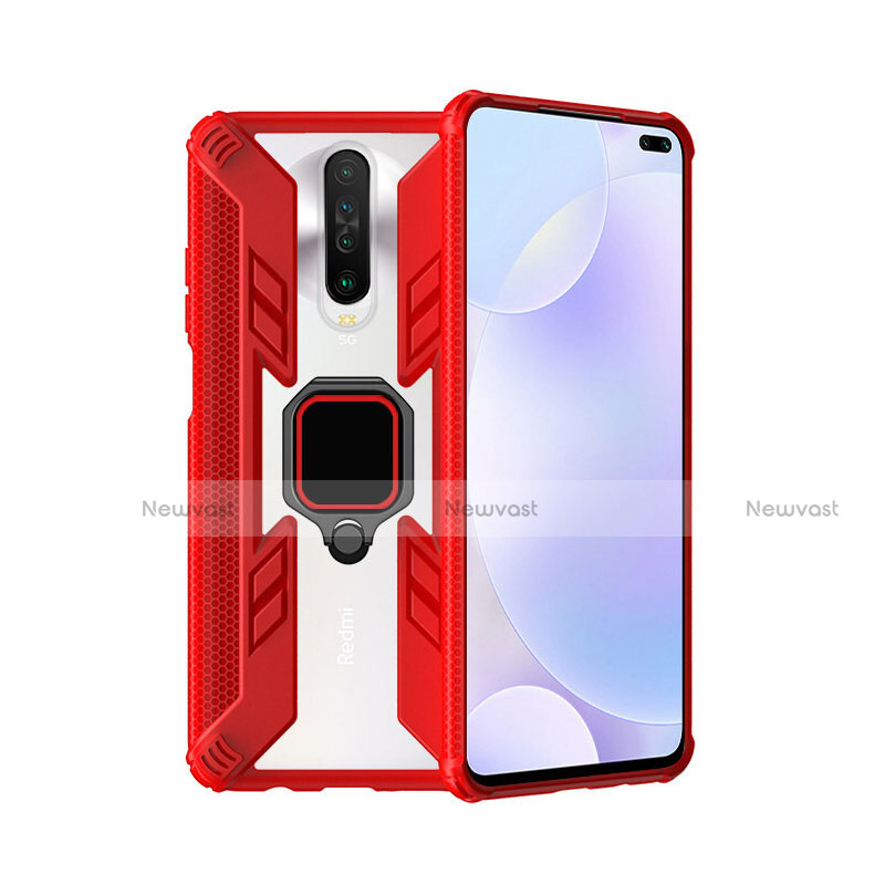Silicone Matte Finish and Plastic Back Cover Case with Magnetic Finger Ring Stand S02 for Xiaomi Redmi K30 5G Red