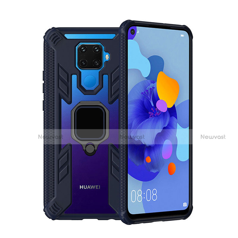 Silicone Matte Finish and Plastic Back Cover Case with Magnetic Finger Ring Stand S03 for Huawei Mate 30 Lite Blue