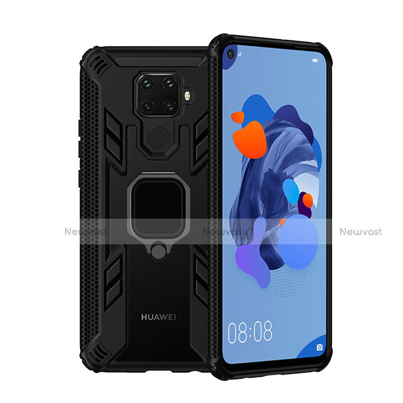 Silicone Matte Finish and Plastic Back Cover Case with Magnetic Finger Ring Stand S03 for Huawei Nova 5z Black