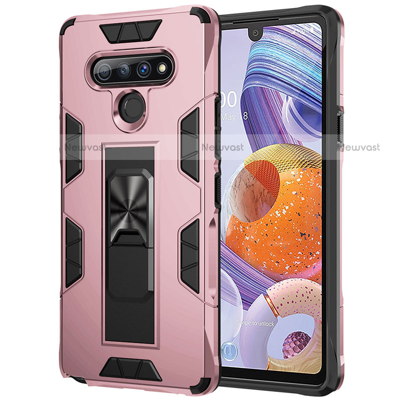 Silicone Matte Finish and Plastic Back Cover Case with Magnetic Finger Ring Stand S03 for LG Stylo 6