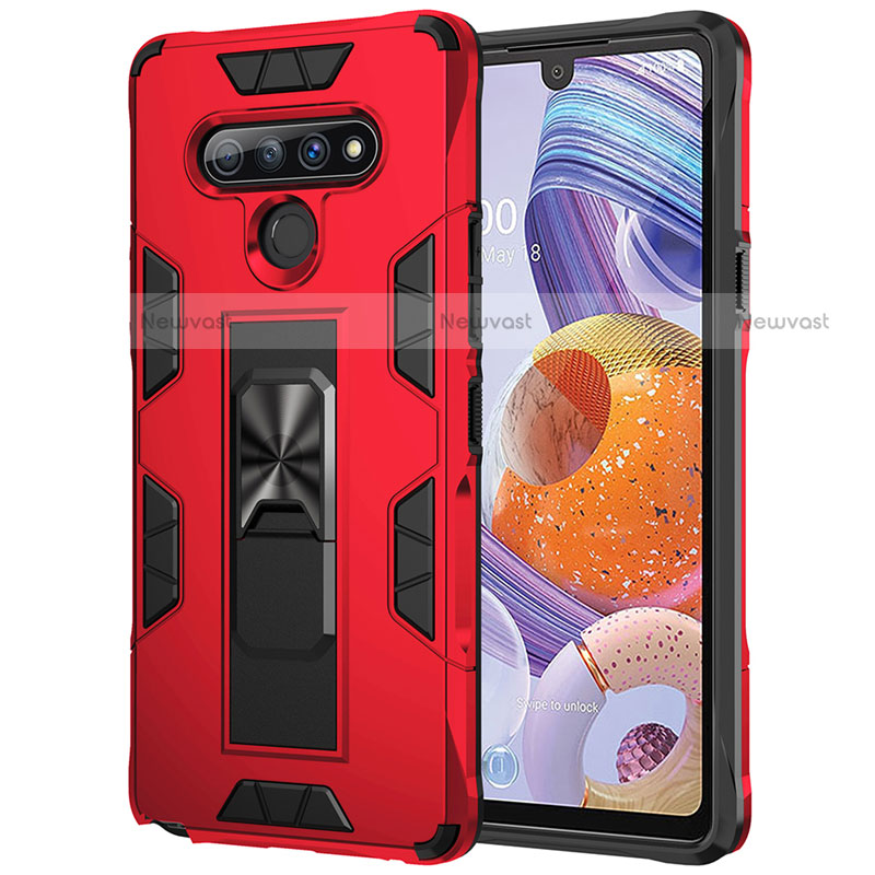 Silicone Matte Finish and Plastic Back Cover Case with Magnetic Finger Ring Stand S03 for LG Stylo 6
