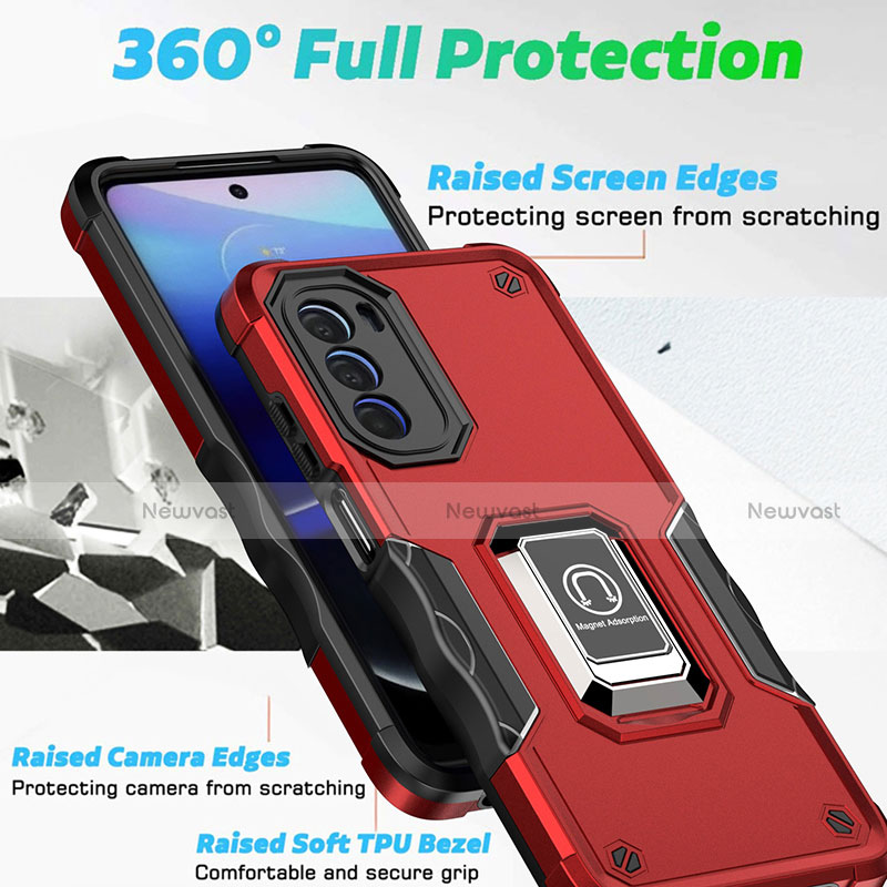 Silicone Matte Finish and Plastic Back Cover Case with Magnetic Finger Ring Stand S03 for Motorola MOTO G52