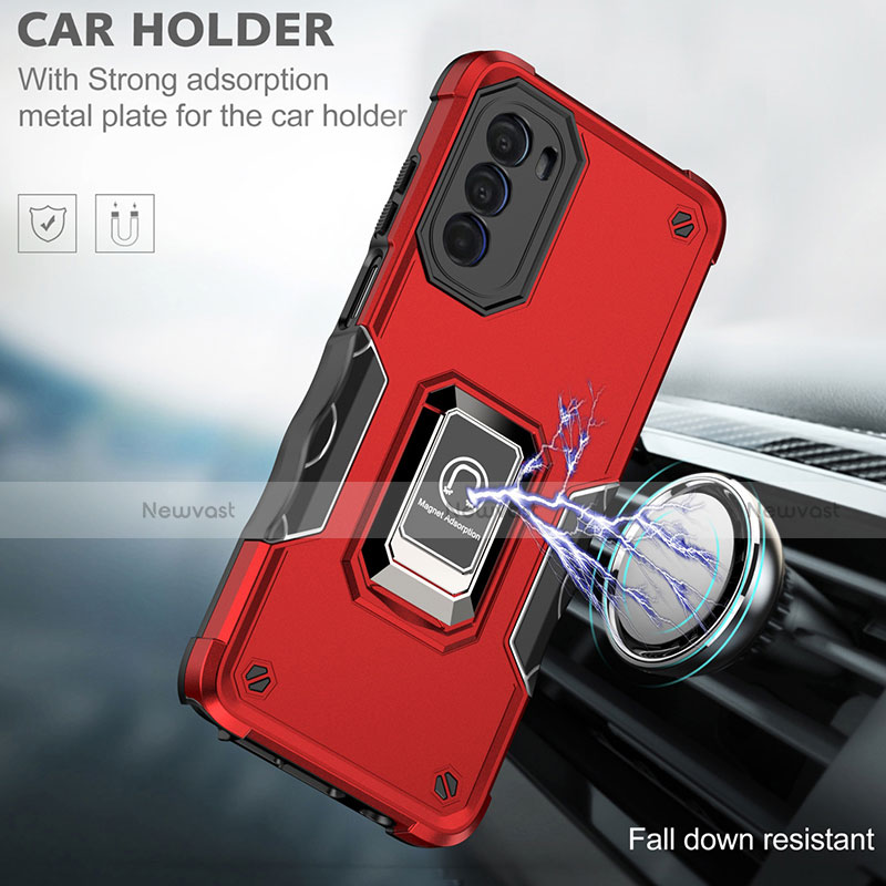 Silicone Matte Finish and Plastic Back Cover Case with Magnetic Finger Ring Stand S03 for Motorola Moto G71s 5G