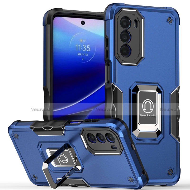 Silicone Matte Finish and Plastic Back Cover Case with Magnetic Finger Ring Stand S03 for Motorola Moto G71s 5G Blue