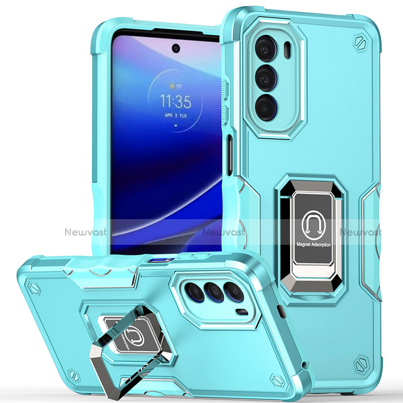 Silicone Matte Finish and Plastic Back Cover Case with Magnetic Finger Ring Stand S03 for Motorola Moto G71s 5G Cyan