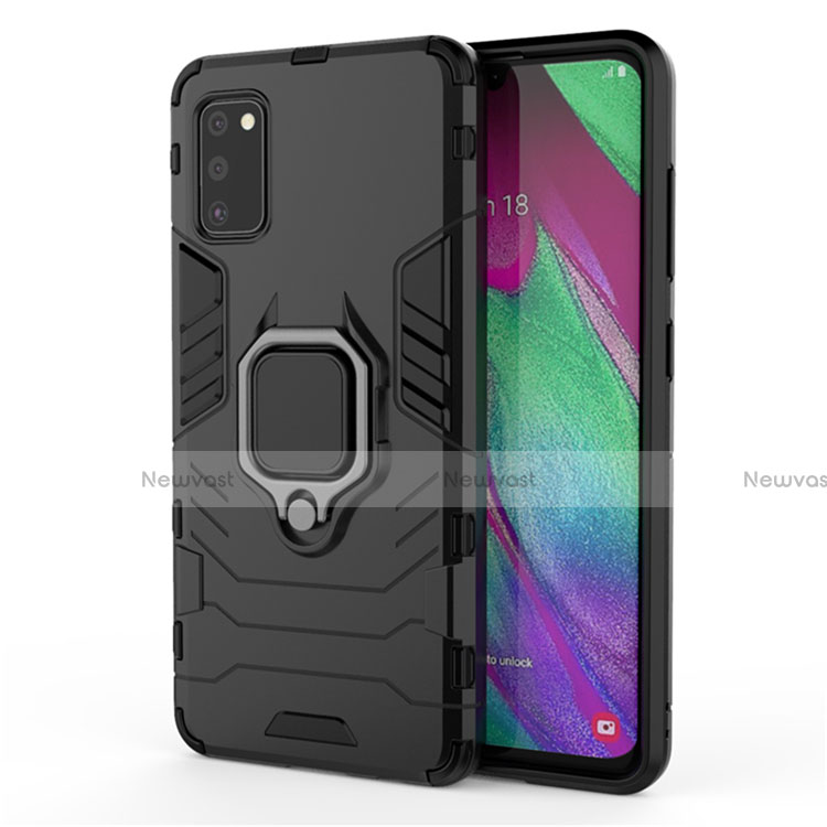 Silicone Matte Finish and Plastic Back Cover Case with Magnetic Finger Ring Stand S03 for Samsung Galaxy A41 Black