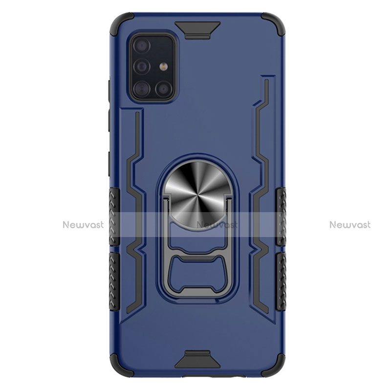 Silicone Matte Finish and Plastic Back Cover Case with Magnetic Finger Ring Stand S03 for Samsung Galaxy A51 5G Blue