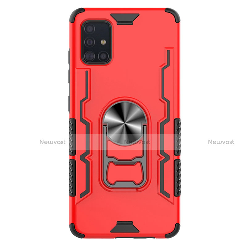 Silicone Matte Finish and Plastic Back Cover Case with Magnetic Finger Ring Stand S03 for Samsung Galaxy A51 5G Red