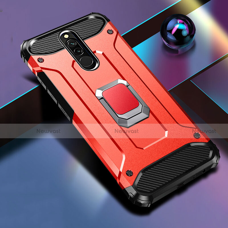 Silicone Matte Finish and Plastic Back Cover Case with Magnetic Finger Ring Stand S03 for Xiaomi Redmi 8