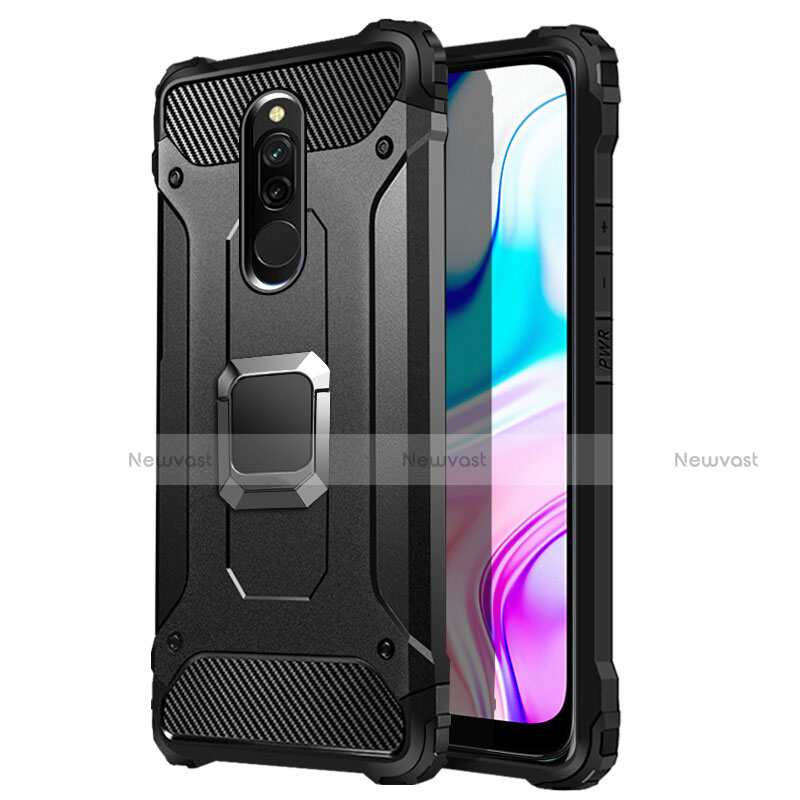 Silicone Matte Finish and Plastic Back Cover Case with Magnetic Finger Ring Stand S03 for Xiaomi Redmi 8