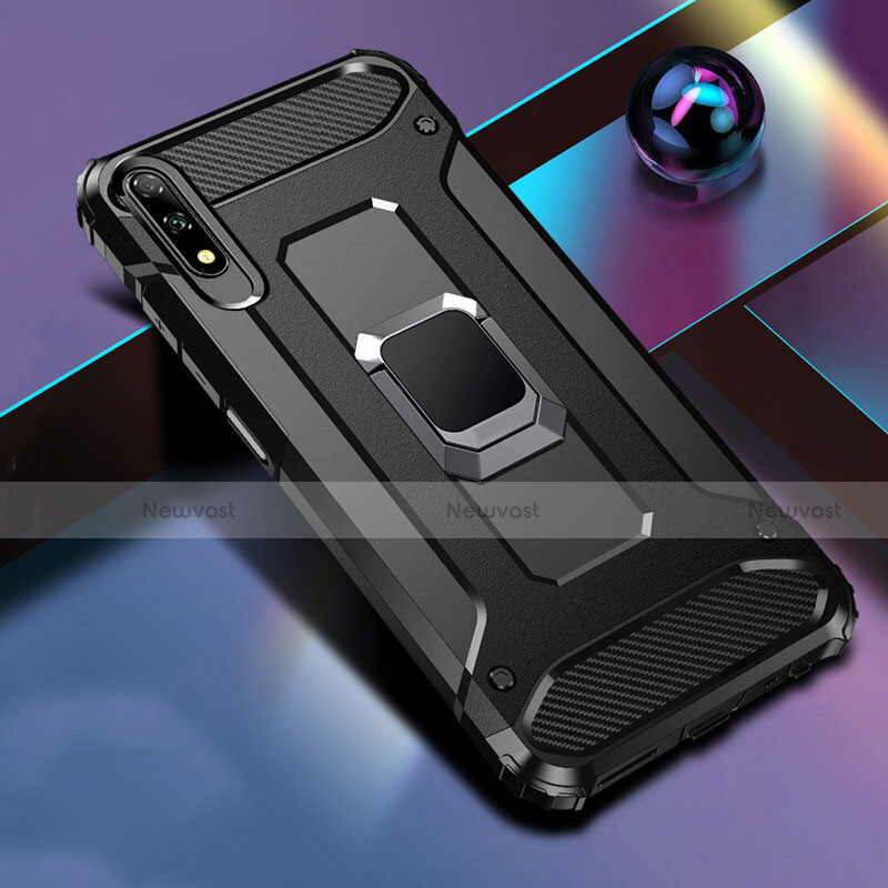 Silicone Matte Finish and Plastic Back Cover Case with Magnetic Finger Ring Stand S04 for Huawei Honor 9X Black