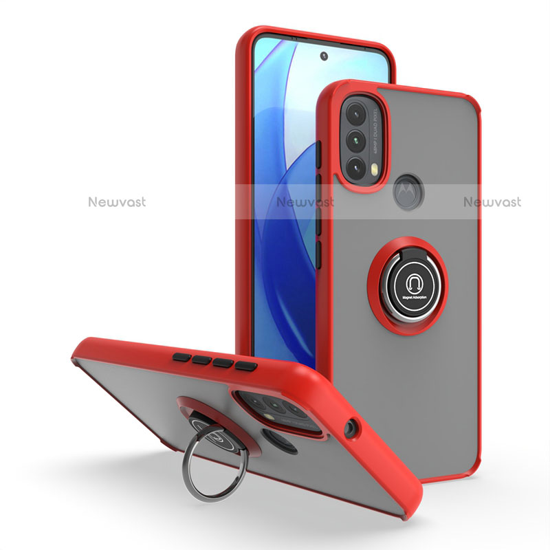 Silicone Matte Finish and Plastic Back Cover Case with Magnetic Finger Ring Stand S04 for Motorola Moto E20