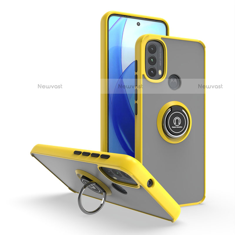 Silicone Matte Finish and Plastic Back Cover Case with Magnetic Finger Ring Stand S04 for Motorola Moto E30 Yellow