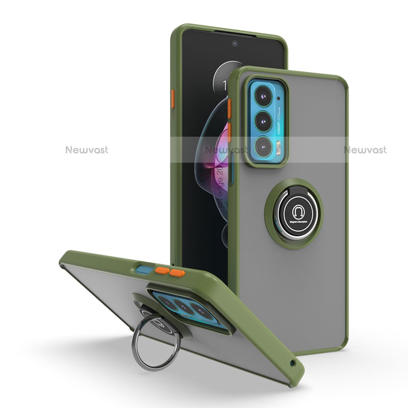 Silicone Matte Finish and Plastic Back Cover Case with Magnetic Finger Ring Stand S04 for Motorola Moto Edge 20 5G