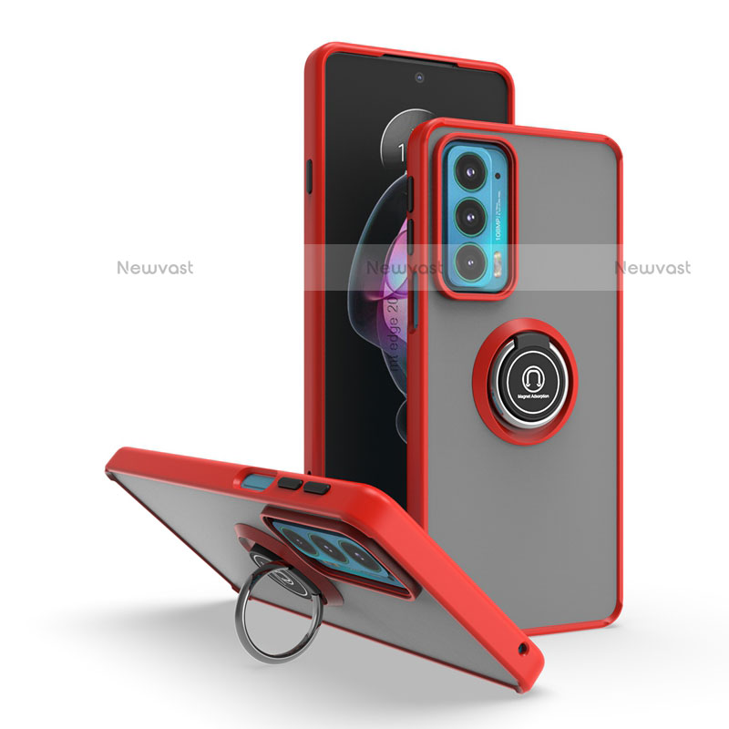 Silicone Matte Finish and Plastic Back Cover Case with Magnetic Finger Ring Stand S04 for Motorola Moto Edge 20 5G Red