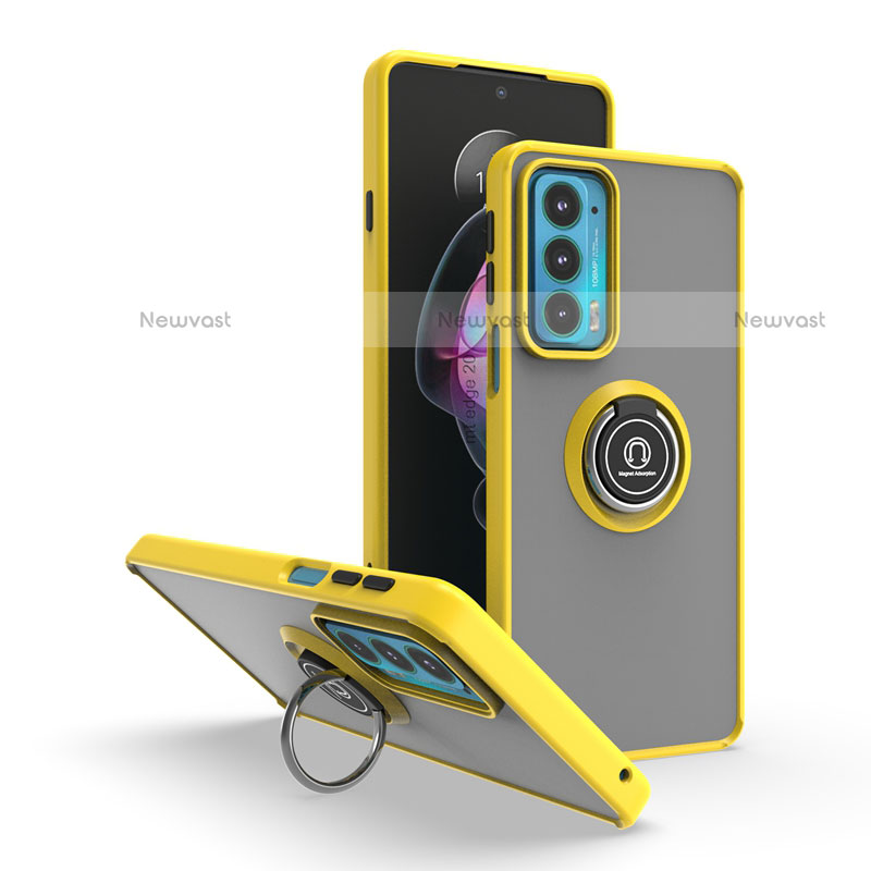 Silicone Matte Finish and Plastic Back Cover Case with Magnetic Finger Ring Stand S04 for Motorola Moto Edge 20 5G Yellow