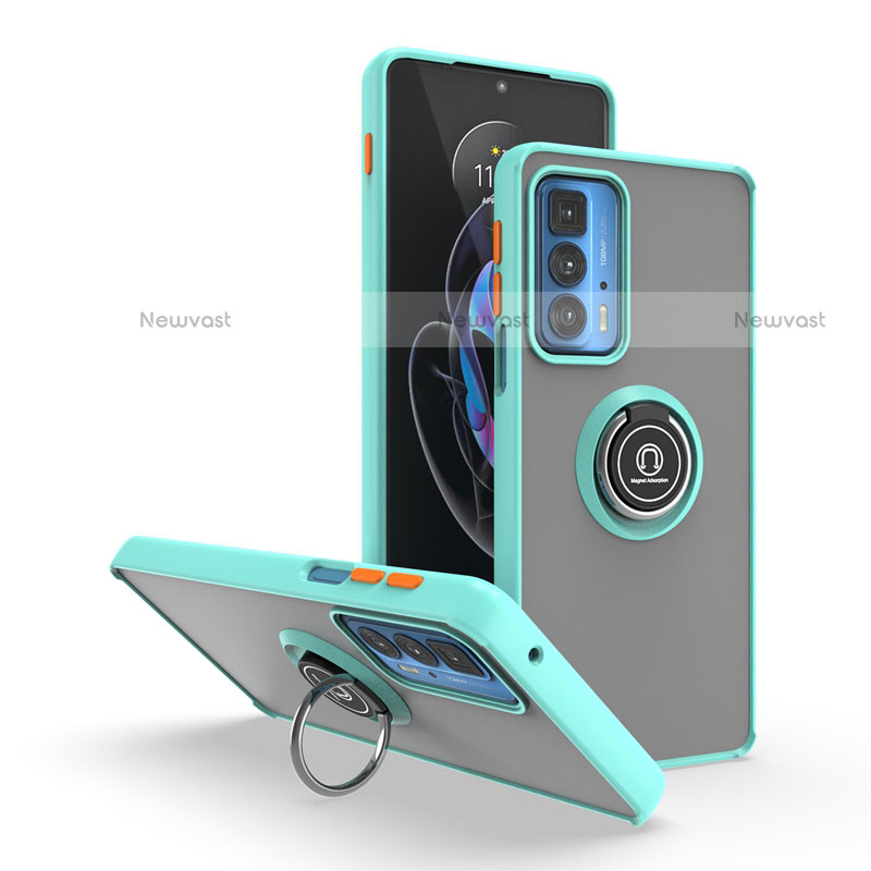 Silicone Matte Finish and Plastic Back Cover Case with Magnetic Finger Ring Stand S04 for Motorola Moto Edge 20 Pro 5G Cyan
