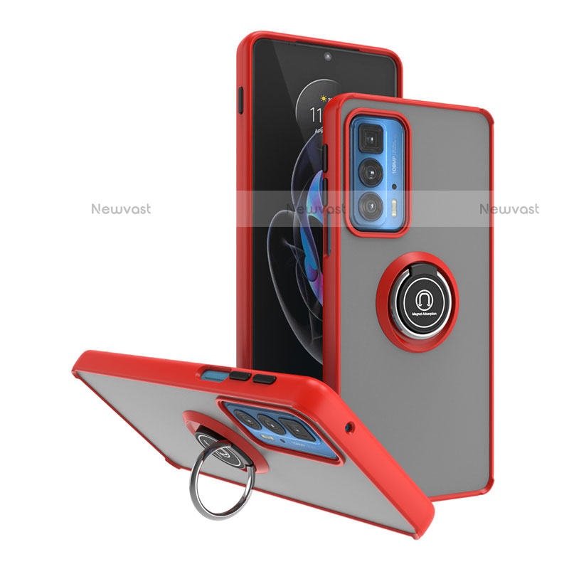 Silicone Matte Finish and Plastic Back Cover Case with Magnetic Finger Ring Stand S04 for Motorola Moto Edge 20 Pro 5G Red