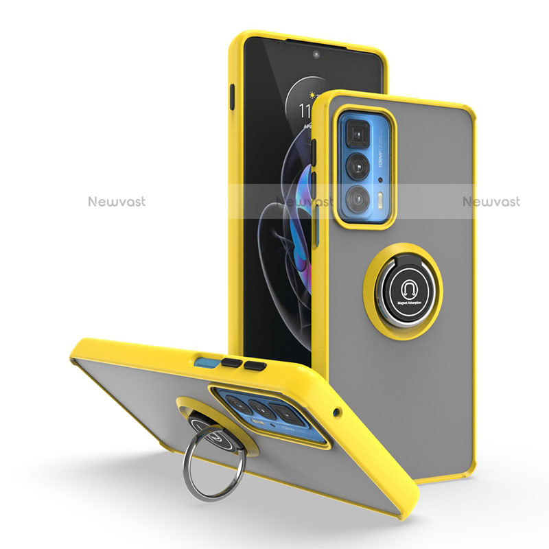 Silicone Matte Finish and Plastic Back Cover Case with Magnetic Finger Ring Stand S04 for Motorola Moto Edge 20 Pro 5G Yellow