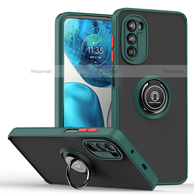 Silicone Matte Finish and Plastic Back Cover Case with Magnetic Finger Ring Stand S04 for Motorola Moto Edge (2022) 5G Midnight Green