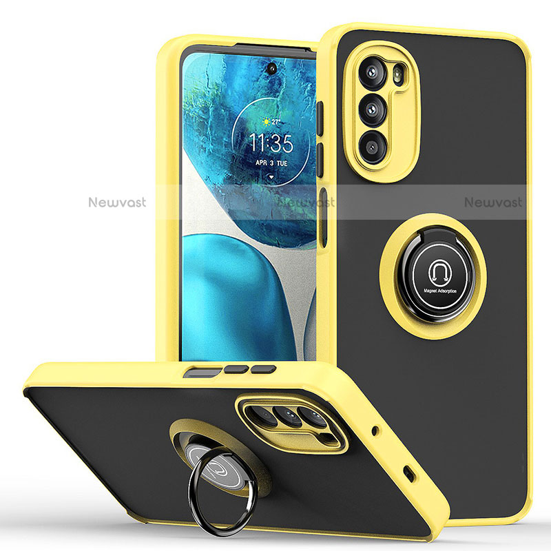 Silicone Matte Finish and Plastic Back Cover Case with Magnetic Finger Ring Stand S04 for Motorola Moto Edge (2022) 5G Yellow