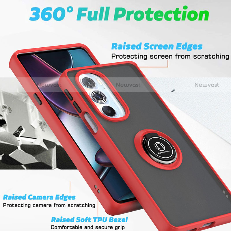 Silicone Matte Finish and Plastic Back Cover Case with Magnetic Finger Ring Stand S04 for Motorola Moto Edge 30 Pro 5G