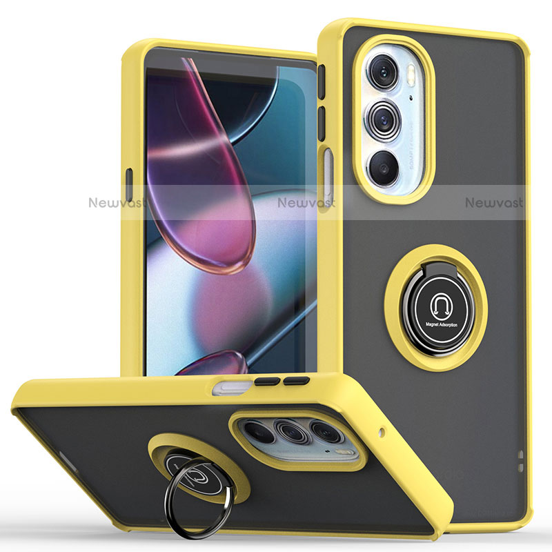 Silicone Matte Finish and Plastic Back Cover Case with Magnetic Finger Ring Stand S04 for Motorola Moto Edge 30 Pro 5G Yellow