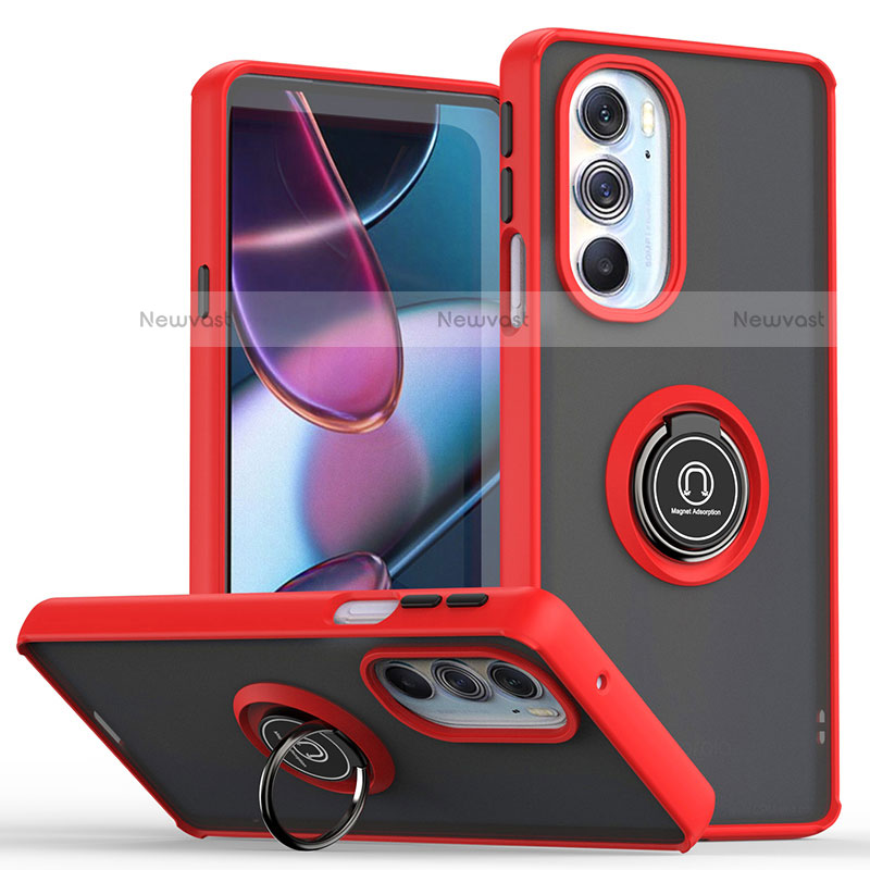 Silicone Matte Finish and Plastic Back Cover Case with Magnetic Finger Ring Stand S04 for Motorola Moto Edge Plus (2022) 5G Red