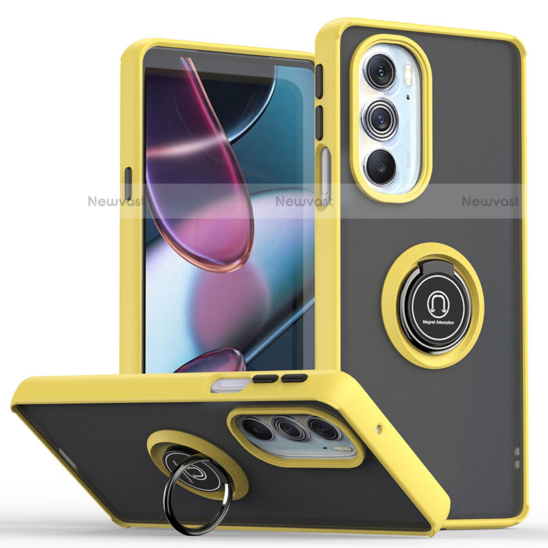 Silicone Matte Finish and Plastic Back Cover Case with Magnetic Finger Ring Stand S04 for Motorola Moto Edge X30 5G Yellow