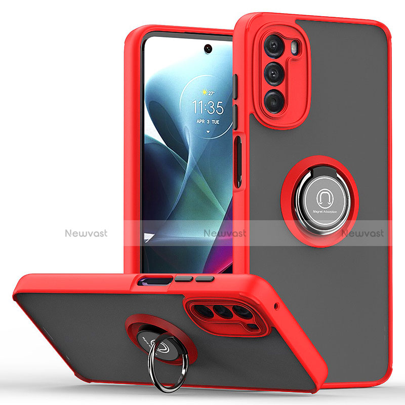 Silicone Matte Finish and Plastic Back Cover Case with Magnetic Finger Ring Stand S04 for Motorola Moto G 5G (2022)