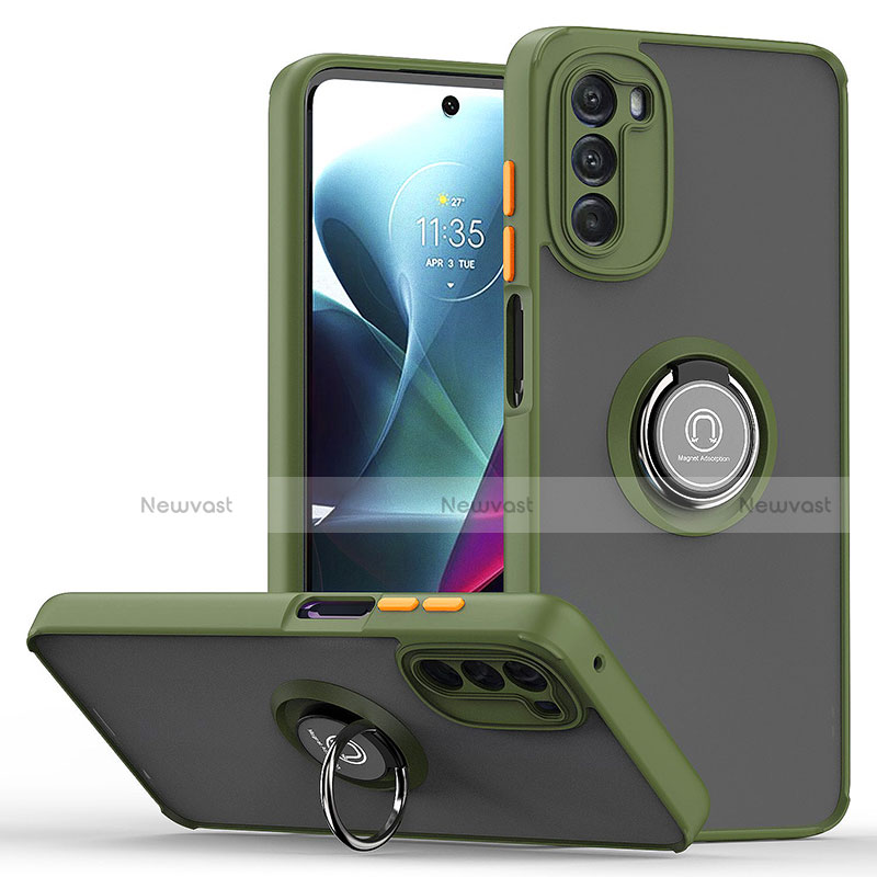 Silicone Matte Finish and Plastic Back Cover Case with Magnetic Finger Ring Stand S04 for Motorola Moto G 5G (2022)