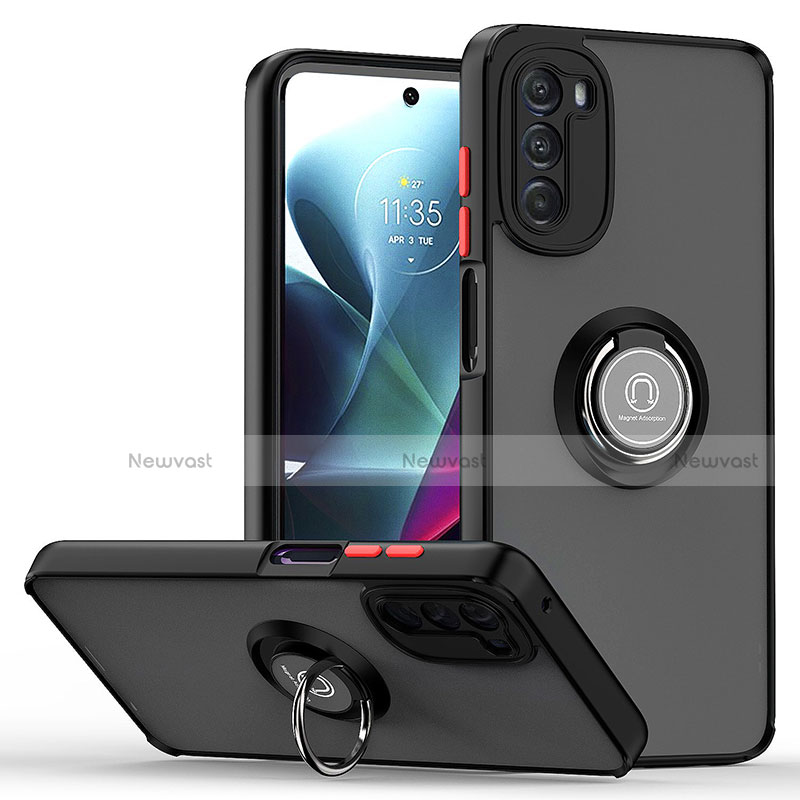 Silicone Matte Finish and Plastic Back Cover Case with Magnetic Finger Ring Stand S04 for Motorola Moto G 5G (2022)